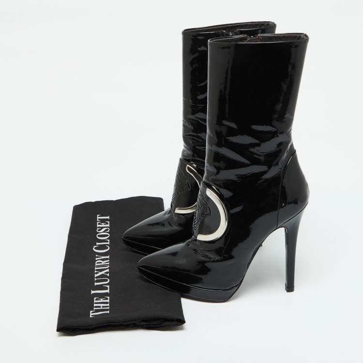 Pre Owned Versace Black Patent Leather Medusa Stamp Mid Calf Boots Size 35