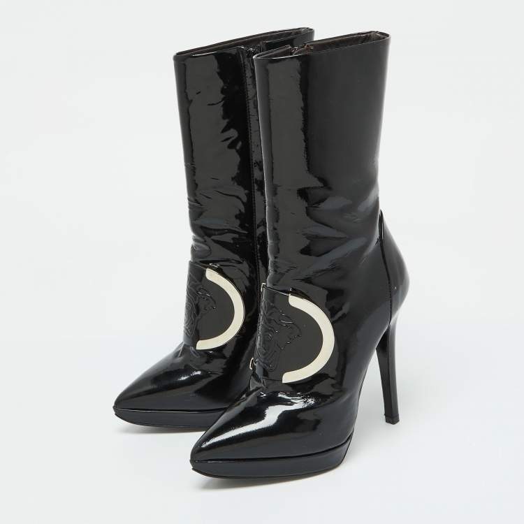 Pre Owned Versace Black Patent Leather Medusa Stamp Mid Calf Boots Size 35