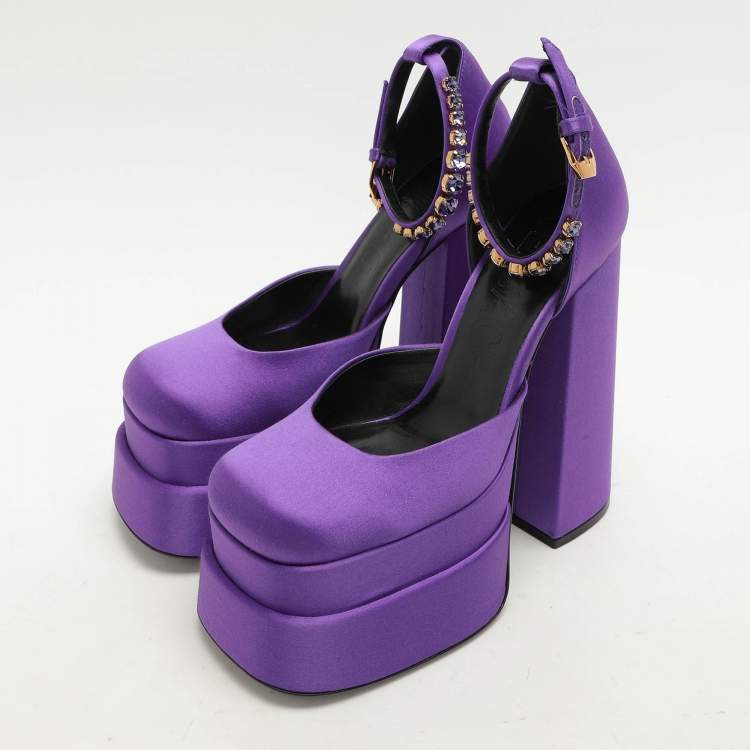 Pre Owned Versace Purple Satin Medusa Aevitas Double Platform Pumps Size 36