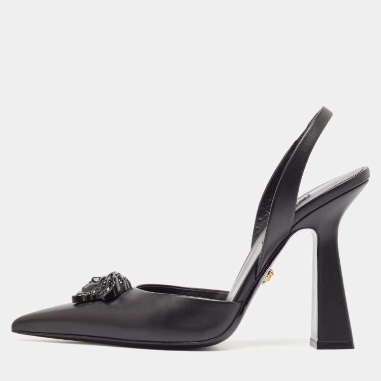 Pre Owned Versace Black Leather La Medusa Slingback Pumps Size 40