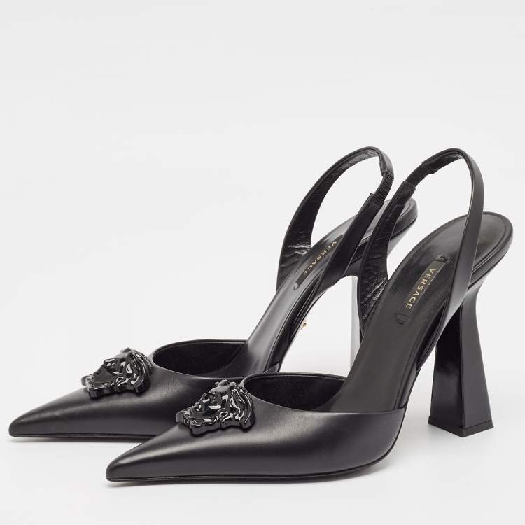 Pre Owned Versace Black Leather La Medusa Slingback Pumps Size 40