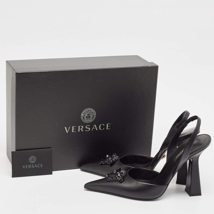 Pre Owned Versace Black Leather La Medusa Slingback Pumps Size 40