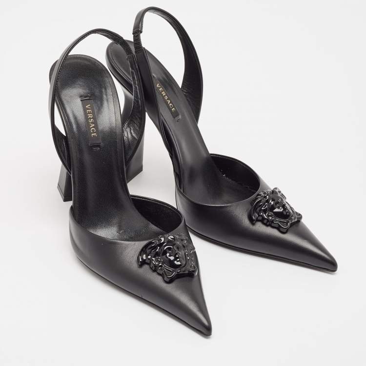 Pre Owned Versace Black Leather La Medusa Slingback Pumps Size 40