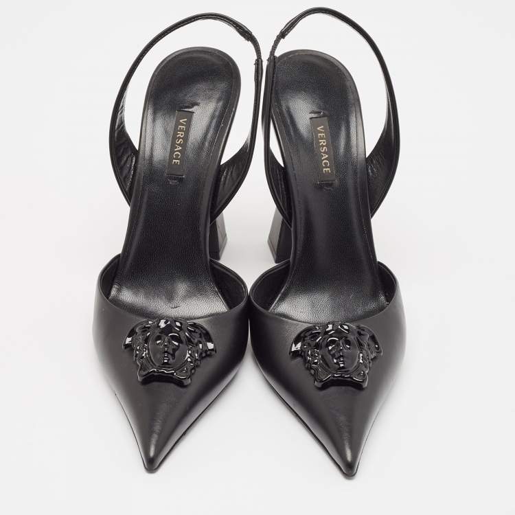 Pre Owned Versace Black Leather La Medusa Slingback Pumps Size 40