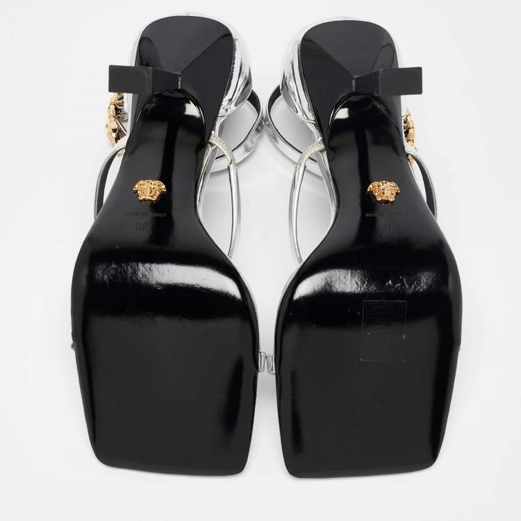 Pre Owned Versace Silver Leather Safety Pin Ankle Strap Sandals Size 39