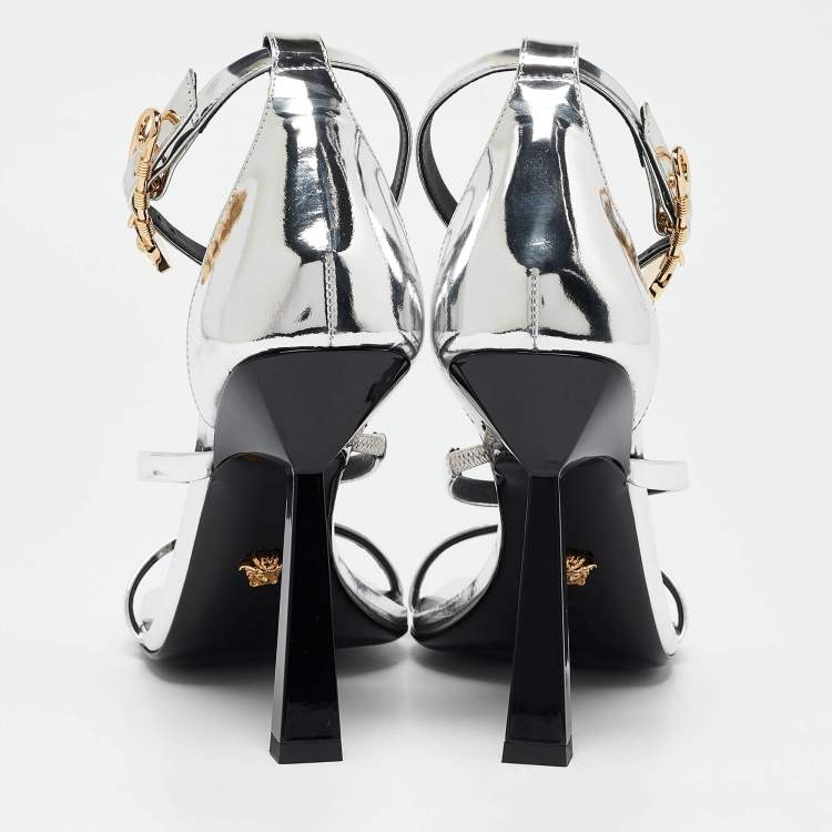 Pre Owned Versace Silver Leather Safety Pin Ankle Strap Sandals Size 39