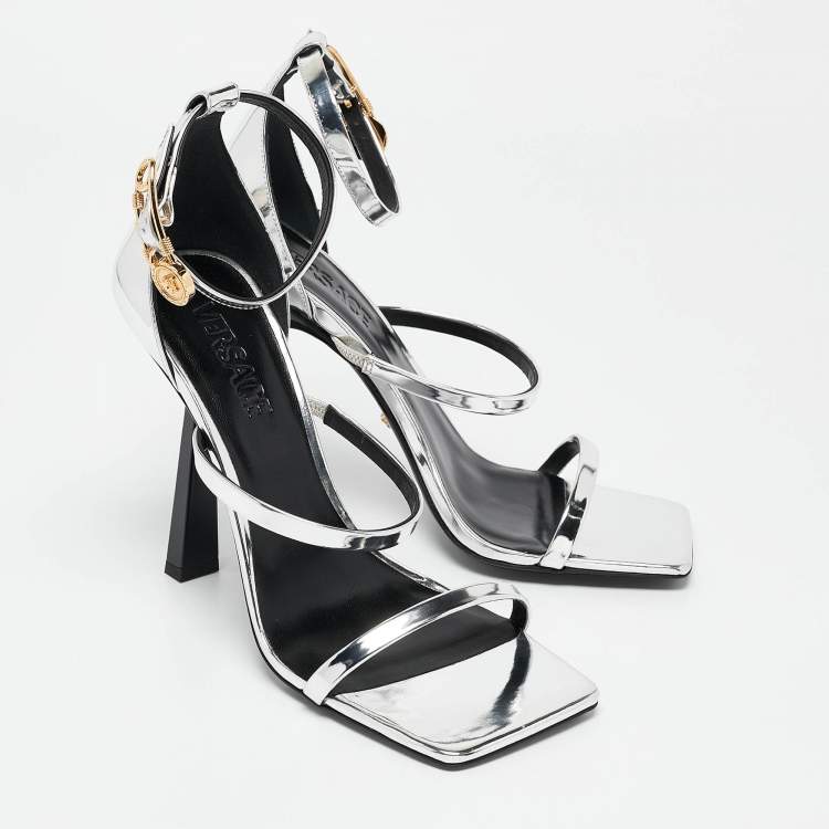 Pre Owned Versace Silver Leather Safety Pin Ankle Strap Sandals Size 39