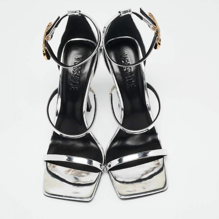 Pre Owned Versace Silver Leather Safety Pin Ankle Strap Sandals Size 39