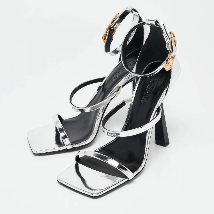 Pre Owned Versace Silver Leather Safety Pin Ankle Strap Sandals Size 39