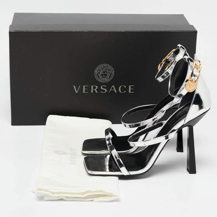 Pre Owned Versace Silver Leather Safety Pin Ankle Strap Sandals Size 39