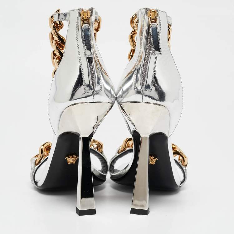 Pre Owned Versace Silver Leather Medusa Chain Link Ankle Strap Sandals Size 39
