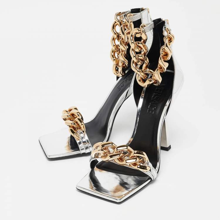 Pre Owned Versace Silver Leather Medusa Chain Link Ankle Strap Sandals Size 39