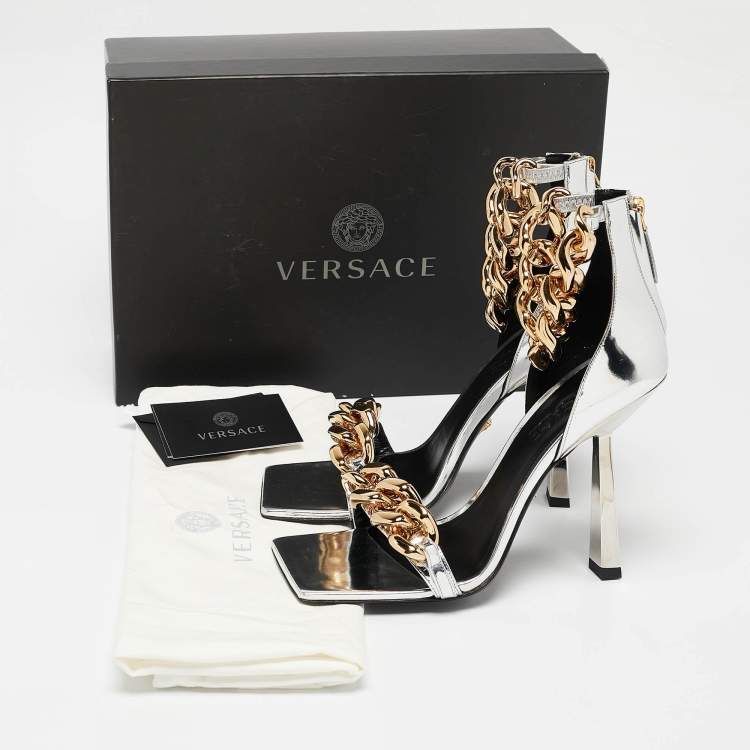 Pre Owned Versace Silver Leather Medusa Chain Link Ankle Strap Sandals Size 39
