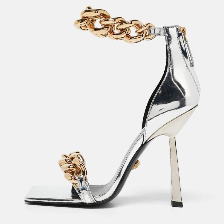 Pre Owned Versace Silver Leather Medusa Chain Link Ankle Strap Sandals Size 39
