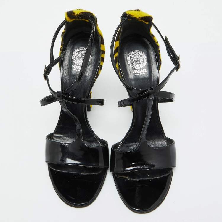 Pre Owned Versace Black Patent Leather and Animal Print Calf Hair Sandals Size 38.5
