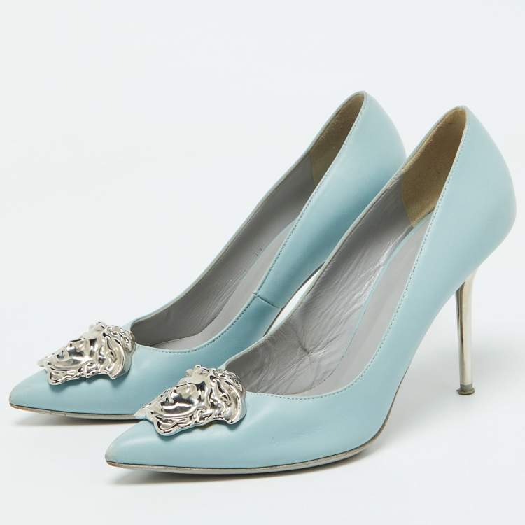 Pre Owned Versace Light Blue Leather Medusa Pointed Toe Pumps Size 39