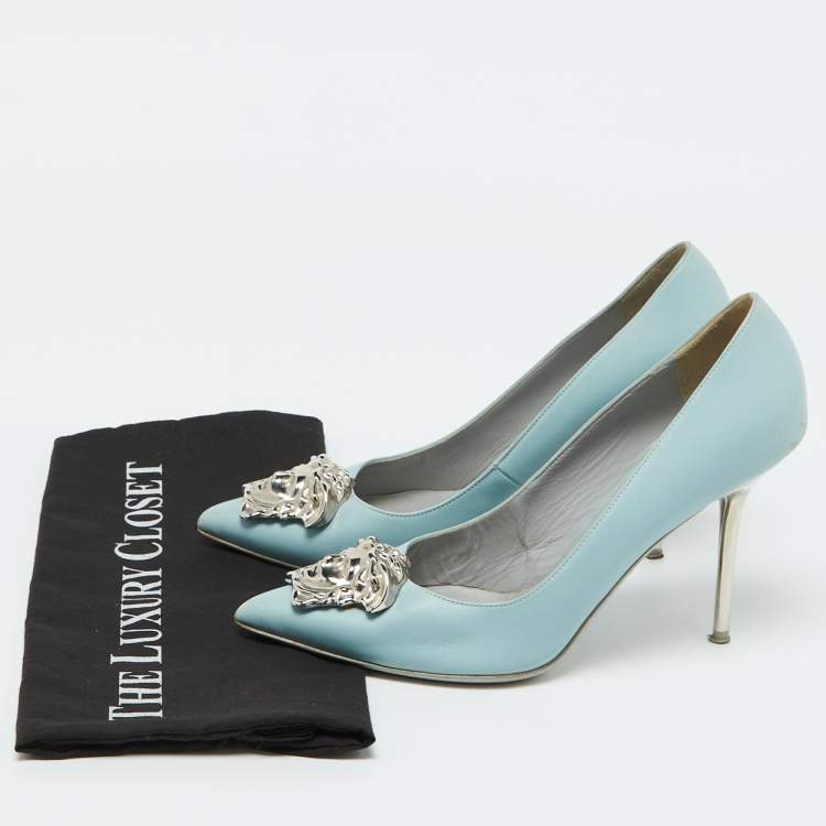 Pre Owned Versace Light Blue Leather Medusa Pointed Toe Pumps Size 39