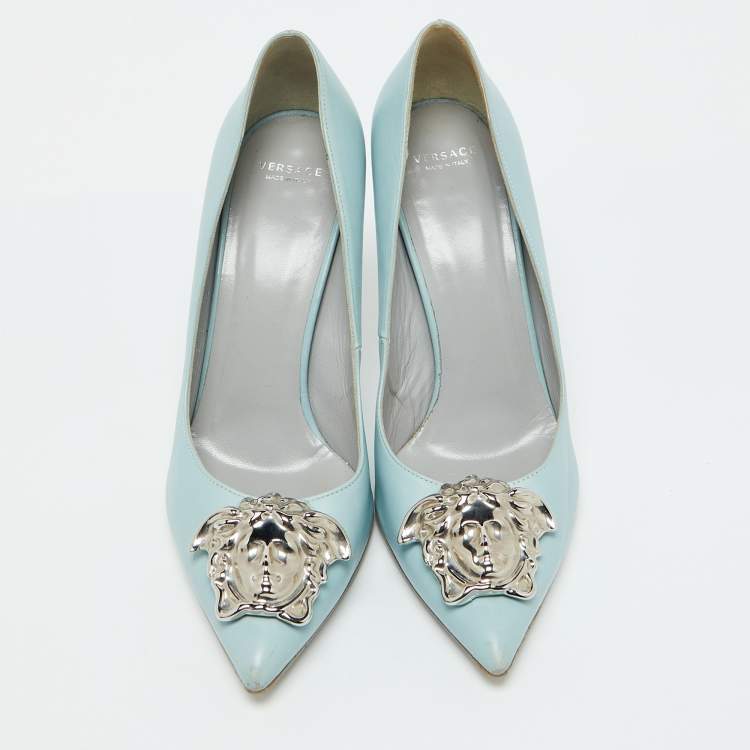 Pre Owned Versace Light Blue Leather Medusa Pointed Toe Pumps Size 39