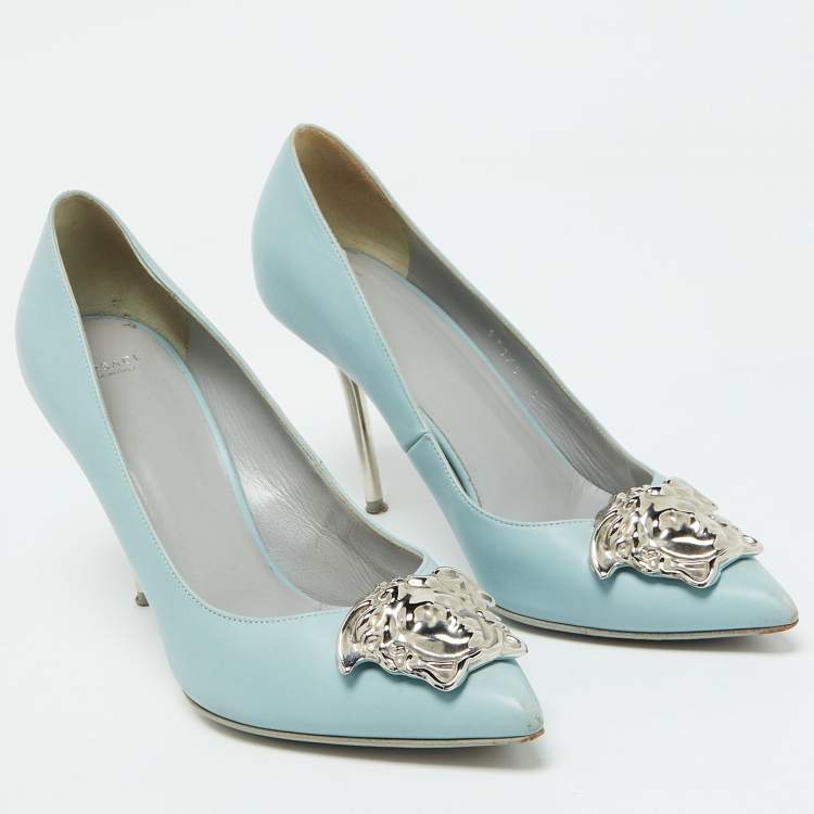 Pre Owned Versace Light Blue Leather Medusa Pointed Toe Pumps Size 39