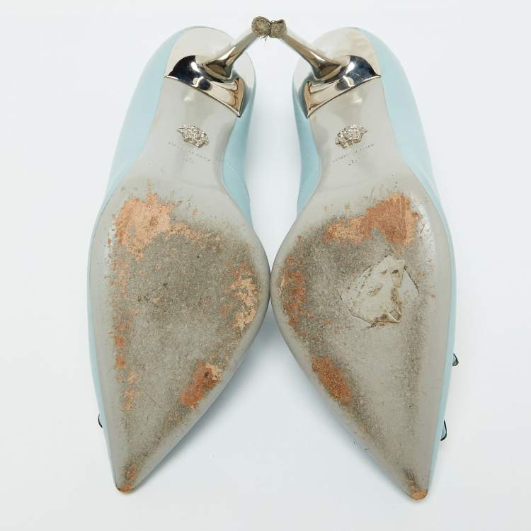Pre Owned Versace Light Blue Leather Medusa Pointed Toe Pumps Size 39