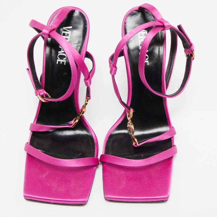 Pre Owned Versace Pink Satin Crystal Embellished Ankle Strap Sandals Size 40