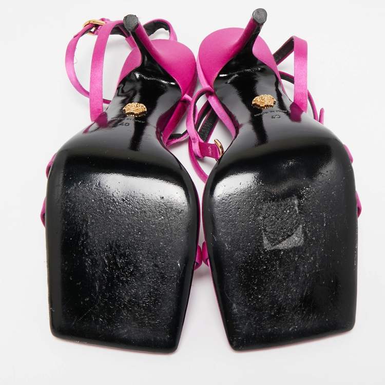 Pre Owned Versace Pink Satin Crystal Embellished Ankle Strap Sandals Size 40
