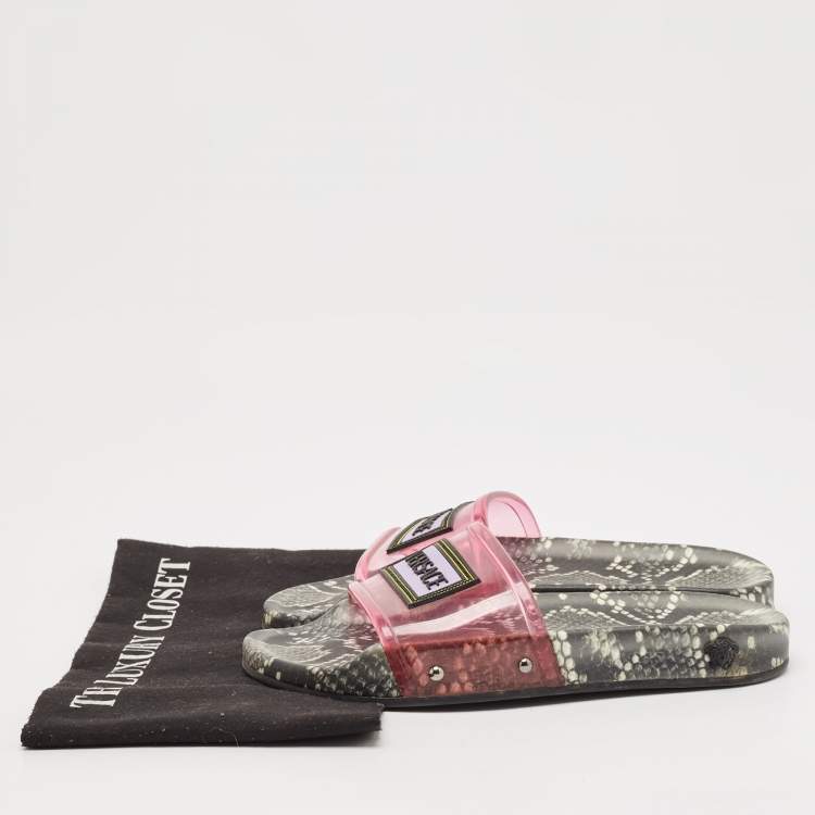 Pre Owned Versace Pink PVC Logo Flat Slides Size 36