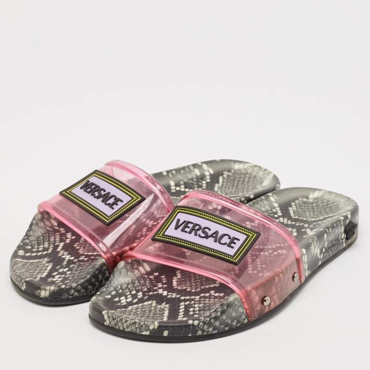 Pre Owned Versace Pink PVC Logo Flat Slides Size 36
