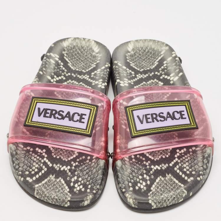 Pre Owned Versace Pink PVC Logo Flat Slides Size 36