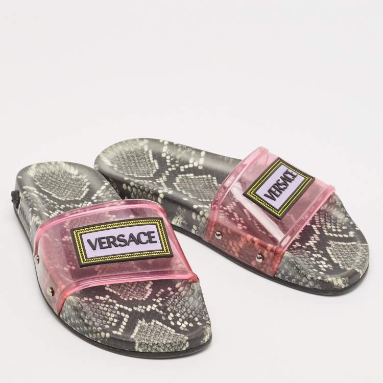 Pre Owned Versace Pink PVC Logo Flat Slides Size 36