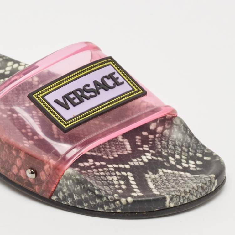 Pre Owned Versace Pink PVC Logo Flat Slides Size 36