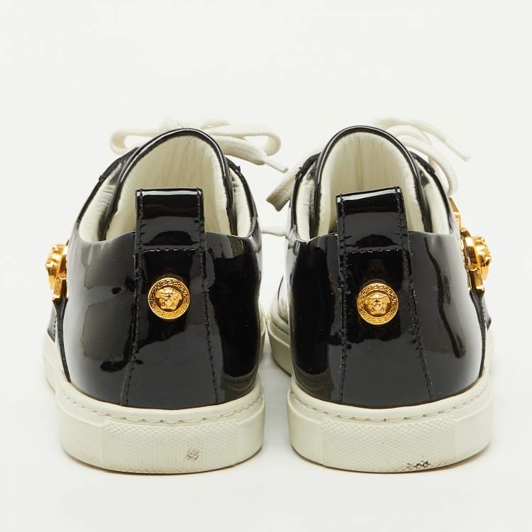 Pre Owned Versace Black Patent Leather Medusa Embellished Low Top Sneakers Size 38