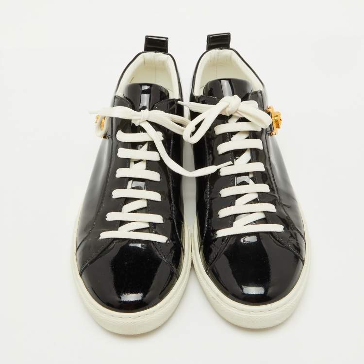 Pre Owned Versace Black Patent Leather Medusa Embellished Low Top Sneakers Size 38