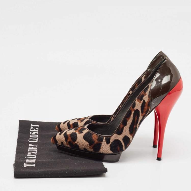 Pre Owned Versace Multicolor Calf Hair and Patent Leather Platform Pumps Size 37.5
