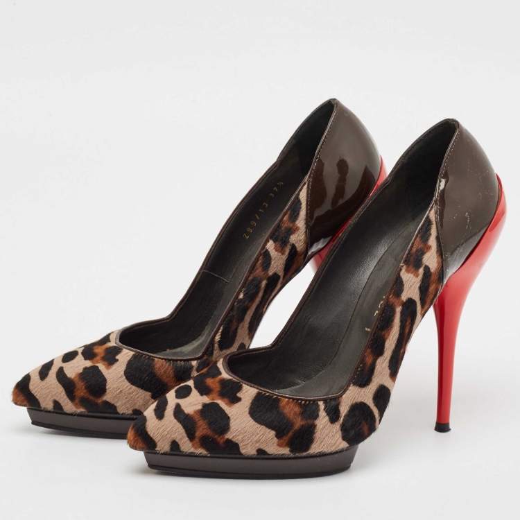 Pre Owned Versace Multicolor Calf Hair and Patent Leather Platform Pumps Size 37.5