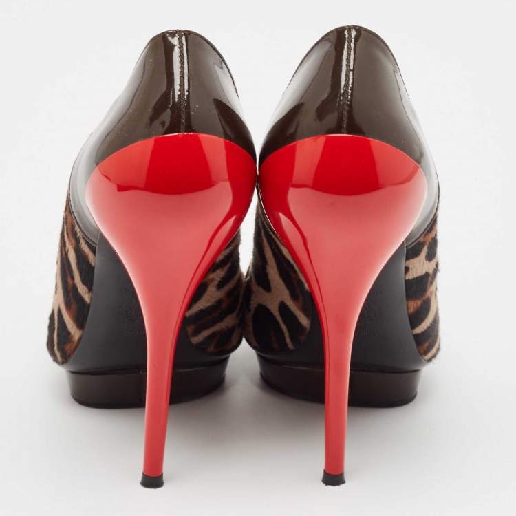 Pre Owned Versace Multicolor Calf Hair and Patent Leather Platform Pumps Size 37.5