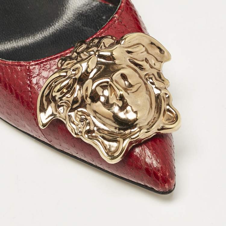 Pre Owned Versace Red Snakeskin Leather Medusa Pointed Toe Pumps Size 35.5