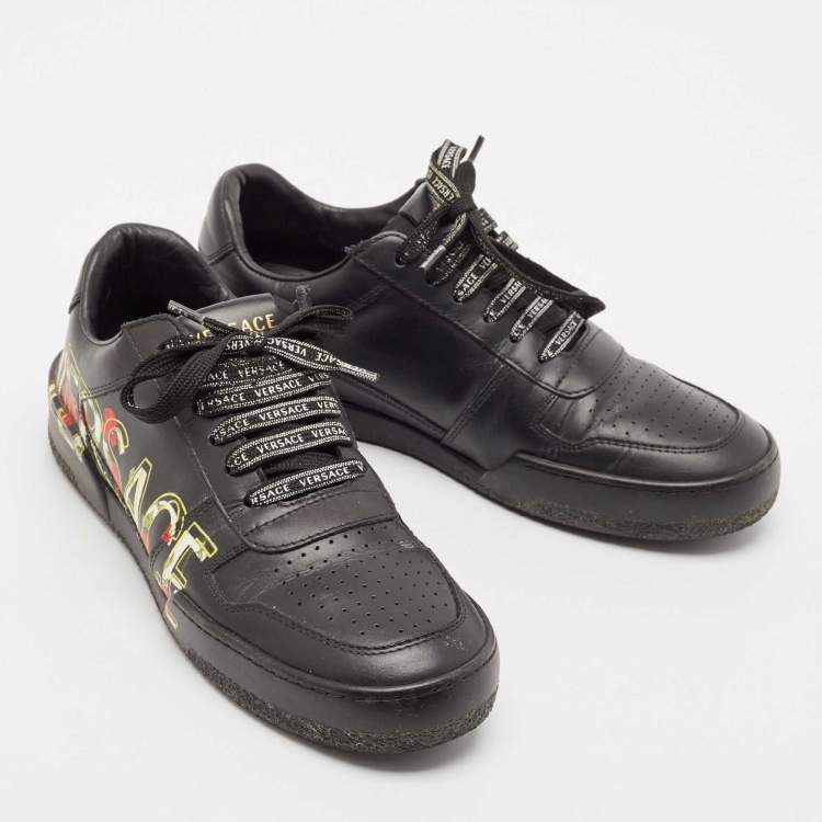 Pre Owned Versace Black Leather Floral Logo Low Top Sneakers Size 39