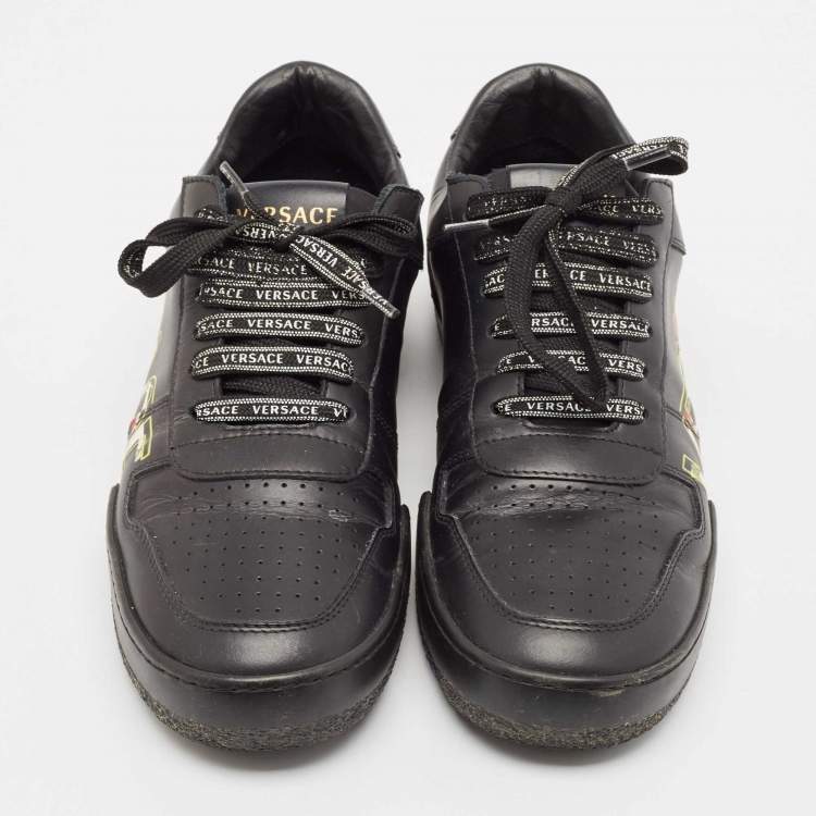 Pre Owned Versace Black Leather Floral Logo Low Top Sneakers Size 39