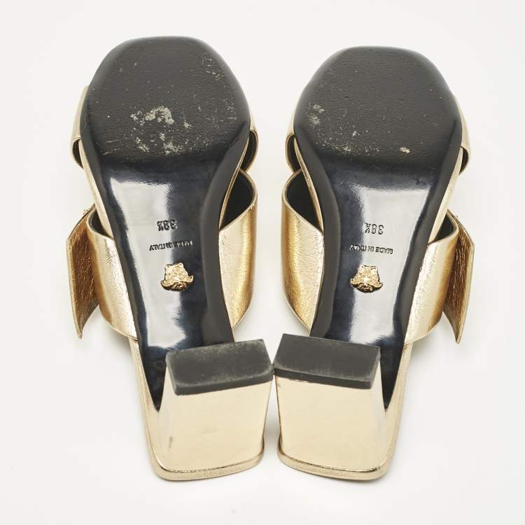 Pre Owned Versace Gold Leather Criss-Cross Slide Sandals Size 38.5