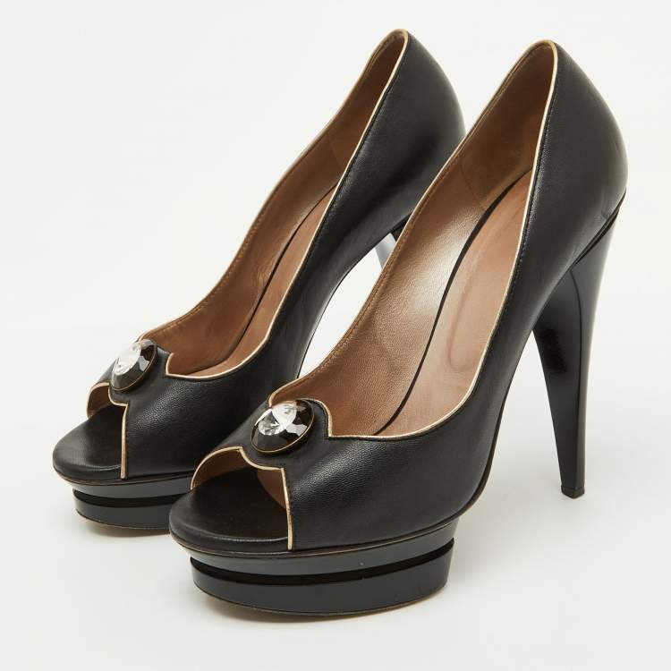 Pre Owned Versace Black Leather Crystal Peep Toe Platform Pumps Size 38.5