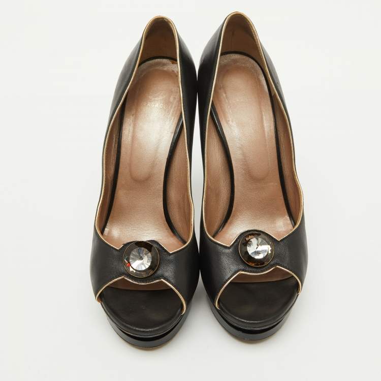 Pre Owned Versace Black Leather Crystal Peep Toe Platform Pumps Size 38.5
