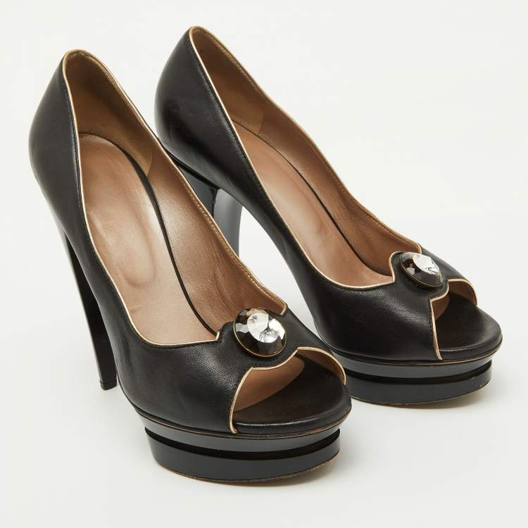 Pre Owned Versace Black Leather Crystal Peep Toe Platform Pumps Size 38.5