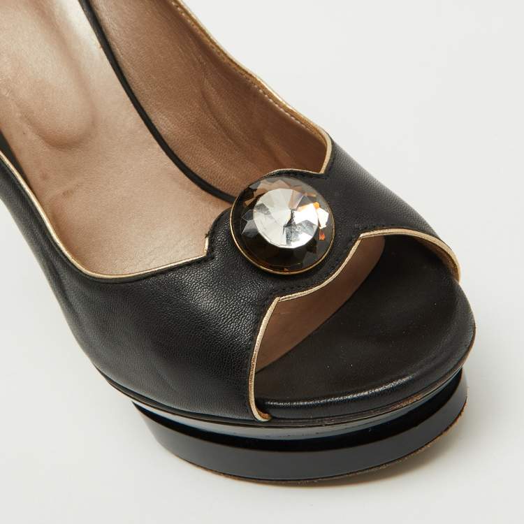 Pre Owned Versace Black Leather Crystal Peep Toe Platform Pumps Size 38.5