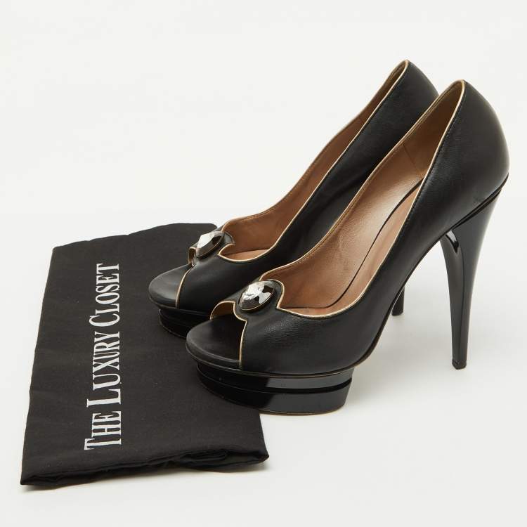 Pre Owned Versace Black Leather Crystal Peep Toe Platform Pumps Size 38.5