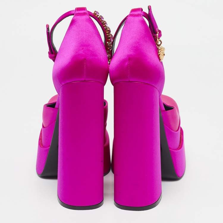 Pre Owned Versace Pink Satin Medusa Aevitas Platform Ankle Strap Pumps Size 37.5