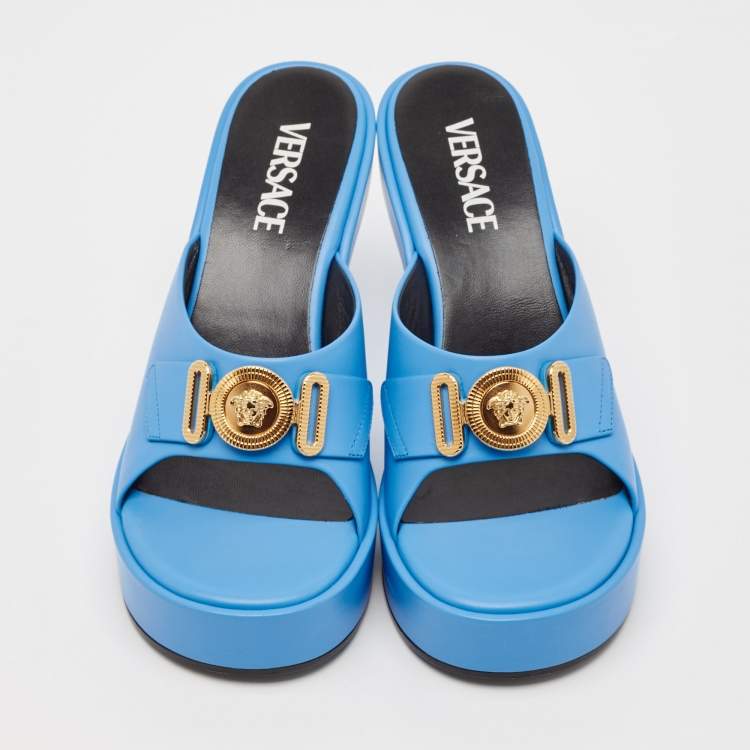 Pre Owned Versace Blue Leather Medusa Biggie Mules Size 38