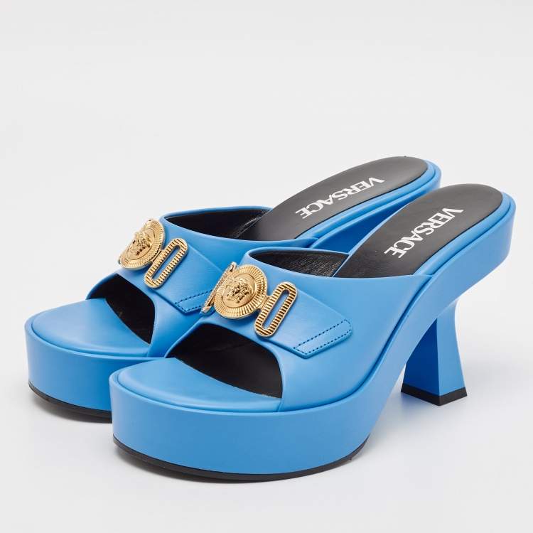 Pre Owned Versace Blue Leather Medusa Biggie Mules Size 38
