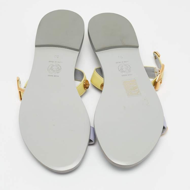 Pre Owned Versace Yellow/Purple Leather Medusa Stud Ankle Strap Flat Sandals Size 38
