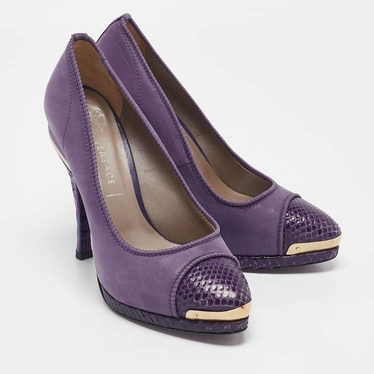 Pre Owned Versace Metallic Purple Python and Suede Platform Pumps Size 37
